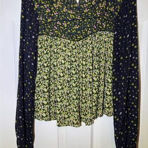 Zara Smocked Peplum Blouse in White and Green